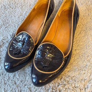 Coclico Navy Patent Leather Tassel Loafer Mini Wedge Heel Shoes EU 37.5‎ US 7